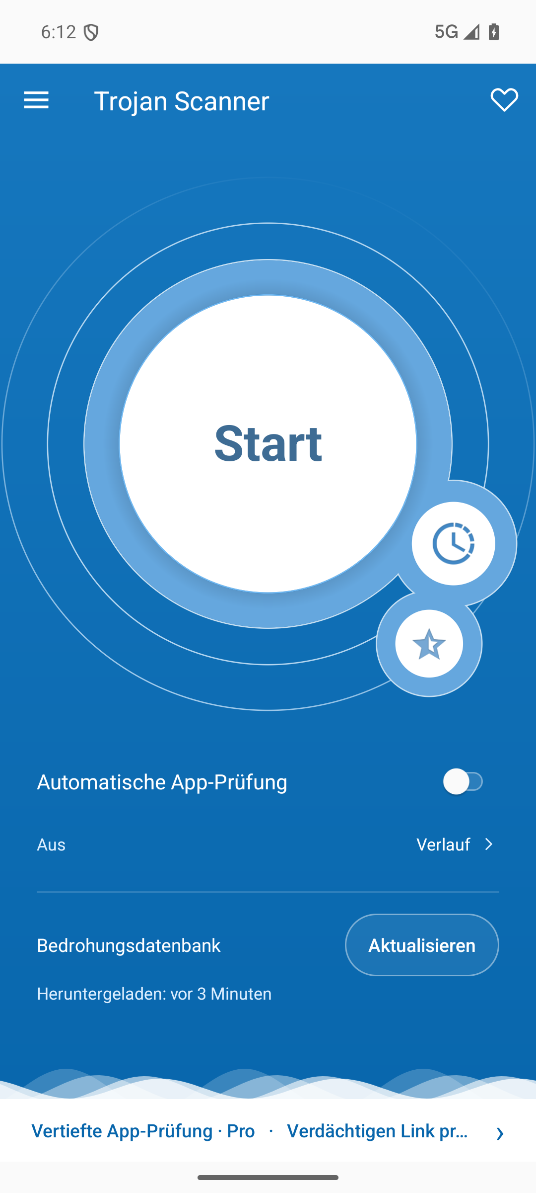 Trojan Scanner für Android: Startbildschirm mit Scan-Schaltfläche und automatischer App-Prüfung