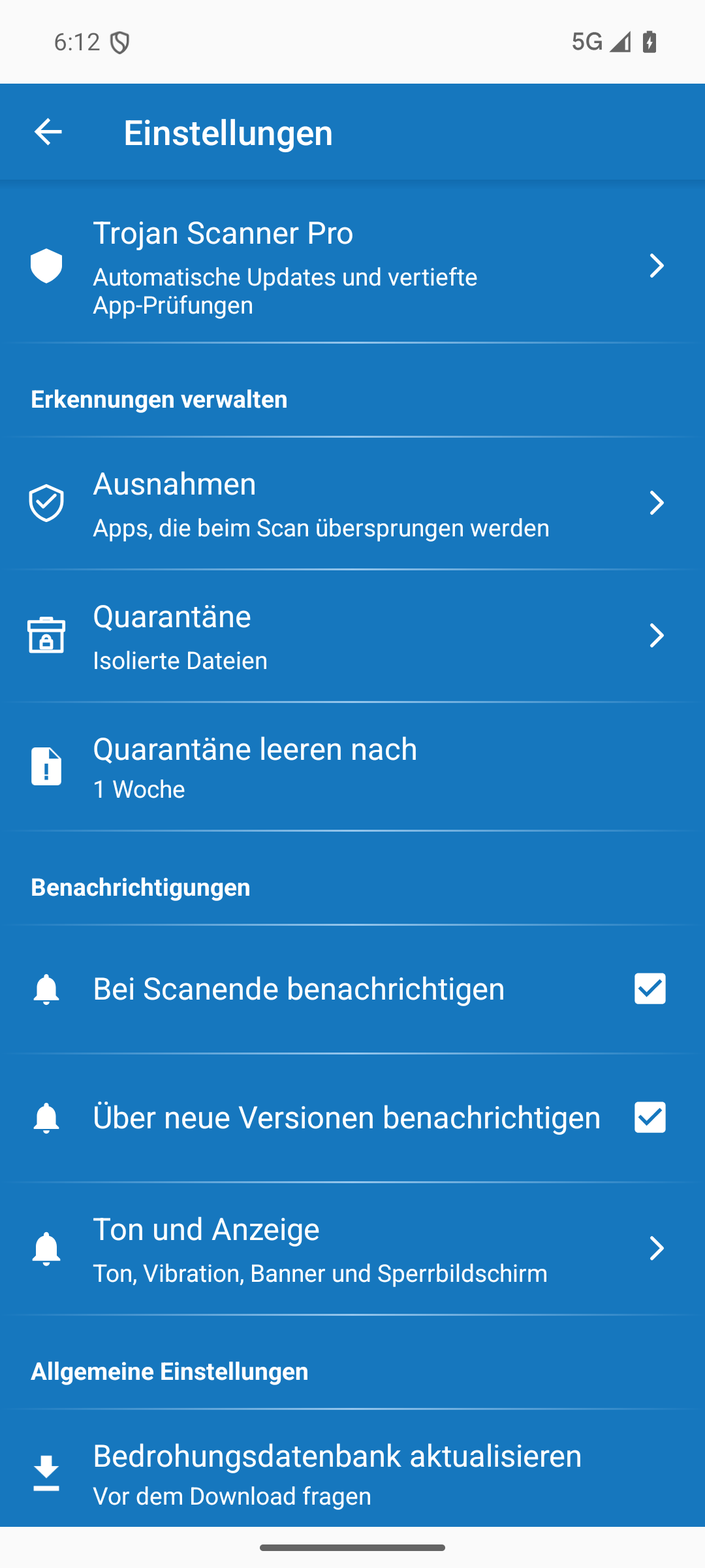 Trojan Scanner Einstellungen für App-Prüfungen und Updates