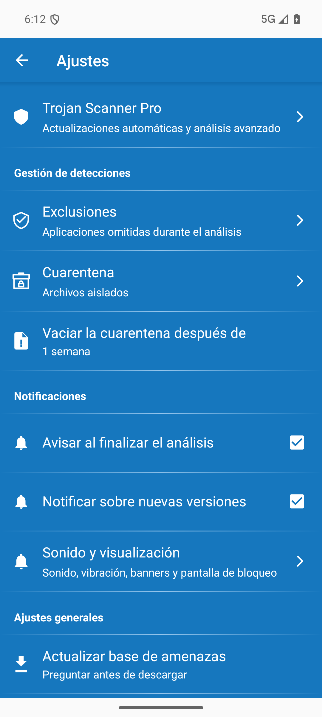Ajustes de Trojan Scanner para comprobaciones y actualizaciones