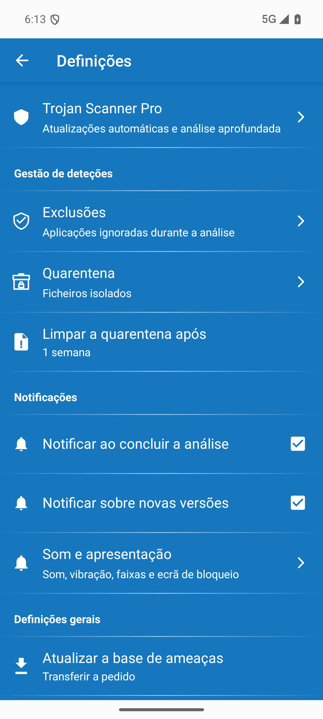 Definições do Trojan Scanner para verificações e atualizações